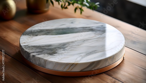 Round Marble Design Cake Stand Or Serving Platter On Wooden Table