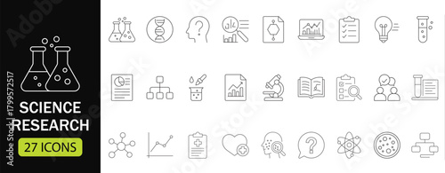 Science Research line icon set. Featuring laboratory, chemistry, DNA, biology, data analysis, and scientific process concepts. Perfect for educational websites and research infographics.