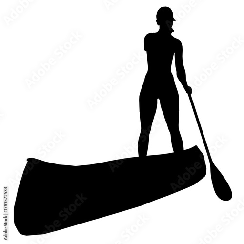 A woman paddles a canoe in black and white silhouette, creating a serene and peaceful scene on calm water.