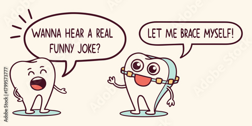 Hilarious dental humor with cartoon teeth telling jokes and wearing braces, perfect for dental clinics, kids' dentistry, and orthodontics marketing