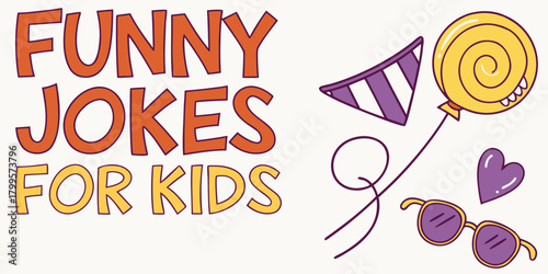 Delightful Funny Jokes for Kids Vector Graphic with Party Hat, Heart, Balloon and Sunglasses, Perfect for Children's Books and Educational Materials