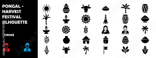 Pongal Harvest Festival Silhouette Icon Set – Indian Culture, Pot, Sugarcane & Celebration Vector