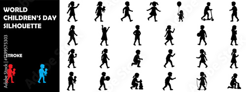 World Children’s Day Silhouette Icon Set – Kids Playing, Education & Childhood Theme Vector