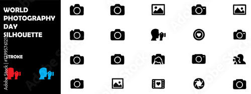 World Photography Day Silhouette Icon Set – Camera, Photographer & Creative Art Vector