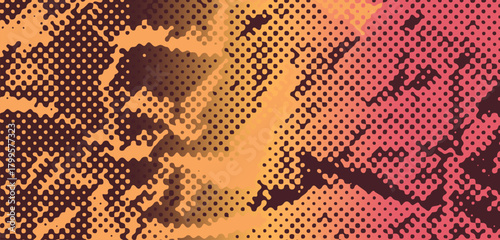 Vector illustration features a vibrant pop art style with halftone dots, abstract organic shapes, and a warm color palette of orange, brown, and red. The theme is retro, energetic, and dynamic.
