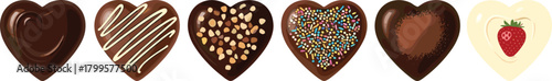 Six heart shaped chocolates with various toppings and a strawberry white chocolate heart
