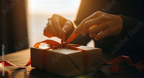 Close-up of hands carefully tying a red ribbon on a gift box with warm light.