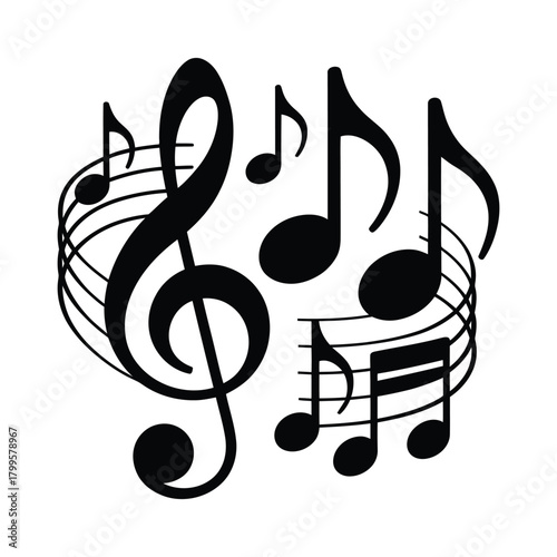 Music Notes Icon Vector – Black Musical Symbols and Treble Clef on White Background