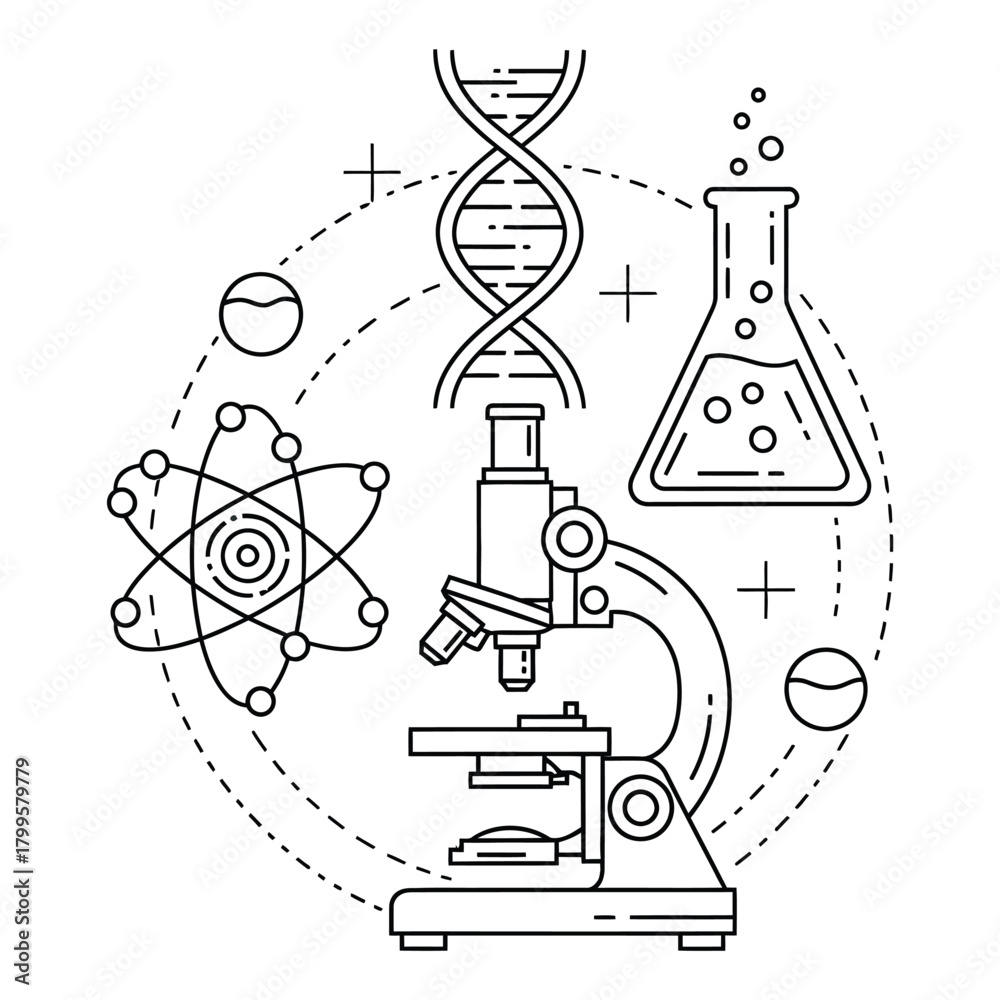 Naklejka premium Science line art illustration featuring microscope, atom model, flask, and DNA helix representing laboratory research, experiments, chemistry, and biology concepts