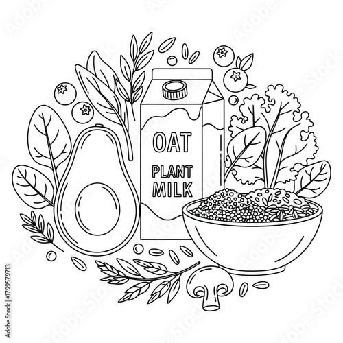 Vegan line art illustration featuring avocado, plant-based milk carton, grain bowl, and leafy greens representing healthy eating and plant-based lifestyle