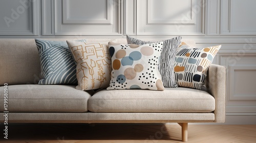 A stylish sofa features patterned cushions, adding a modern touch.