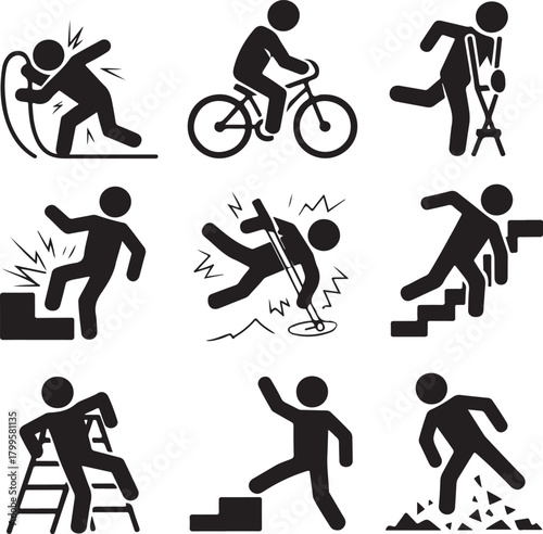 Accident Icon Set Illustrating Potential Dangers and Risks Around the Home