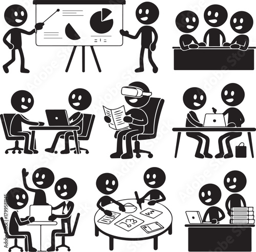 Black Stick Figures in Various Business and Office Settings Activities