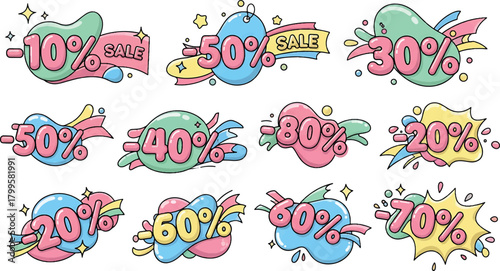 Discount Sale Badges Colorful Vector Illustrations of Percentage Off Offers, Labels and Promotional Elements