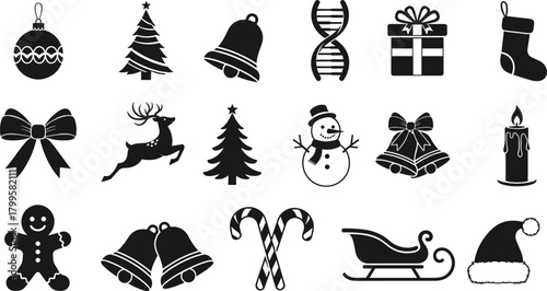 Christmas icon collection, vector set of holiday glyph symbols, including tree, gift, snowman, bell, sleigh, and a DNA icon.