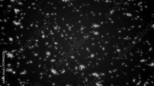 White snow flakes falling down from top to bottom on black gradient background. Abstract background for Merry Christmas, Happy Holidays, Season's greetings, Happy Valentine's day and wedding ceremony.