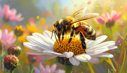 Fototapeta Naklejka Na Ścianę i Meble -  Close-up view of a bee on a daisy amidst a vibrant, sunlit meadow filled with colorful wildflowers