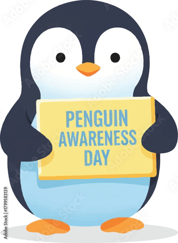 Celebrate Penguin Awareness Day with this adorable cartoon penguin holding a sign, perfect for educational resources and conservation campaigns this January