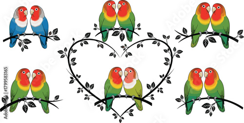 Six pairs of lovebirds perched on branches with a heart-shaped vine in the center