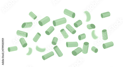 Scattered light green cylindrical objects, abstract illustration with rounded edges and subtle shadows, creating a sense of depth and movement