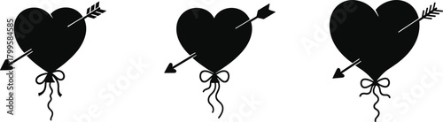 Three black heart shapes pierced by arrows with bows and ribbons cupid love