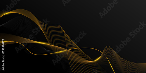 Abstract luxury with shining gold lines waves on black background. Futuristic background of flowing gold lines for banner, poster, cover, brochure, flyer, website