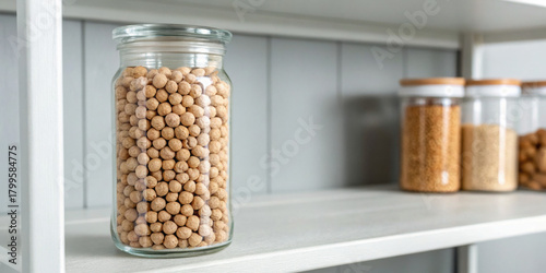 Neat kitchen pantry shelf with glass jar of chickpea. Healthy nutrition counseling and meal plan starts with proper food storage and pantry organization for wellness
