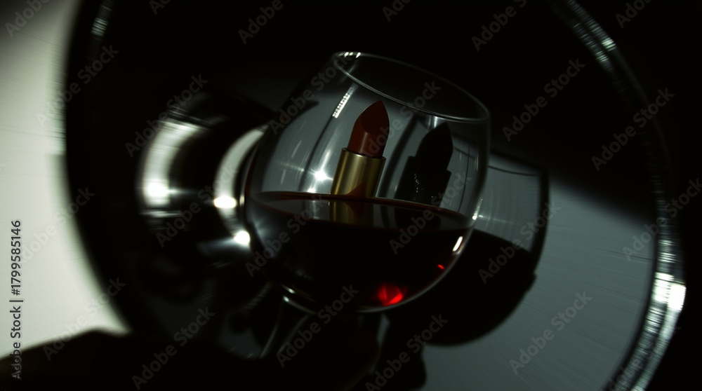 Fototapeta premium A glass of wine with a red lipstick and a black background