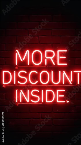 Red Neon Sign Announcing 'More Discount Inside' on Brick Wall