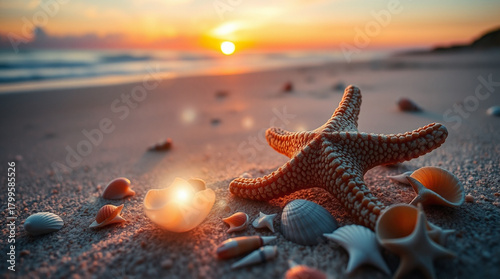 Fototapeta Naklejka Na Ścianę i Meble -  A starfish and seashells on the beach at sunset