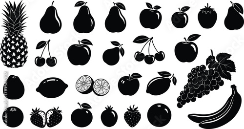 Collection of black fruit silhouette icons including apple, pear, pineapple, grapes, cherries, banana, citrus, strawberry for healthy food design