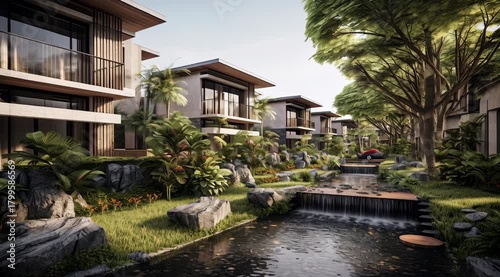 Serene Luxury Residences by the Water: A Tranquil Escape Surrounded by Lush Landscaping and Modern