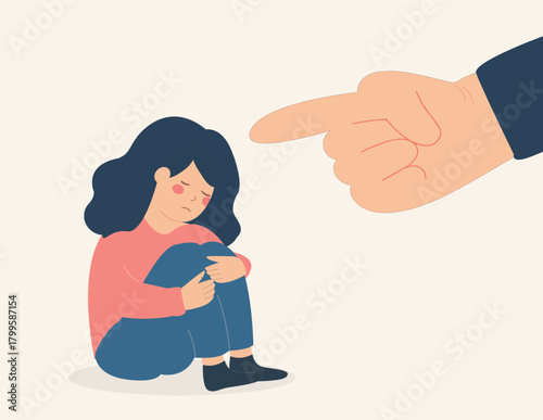 Sad child sitting on the floor under pressure from an authoritarian adult. Large hand pointing at a scared girl symbolizing family abuse and control. Vector illustration
