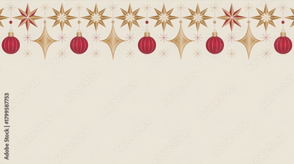 Obraz premium Christmas border with hanging red baubles, gold stars, and small ornaments on a soft beige background, festive layout for holiday cards and seasonal messages.