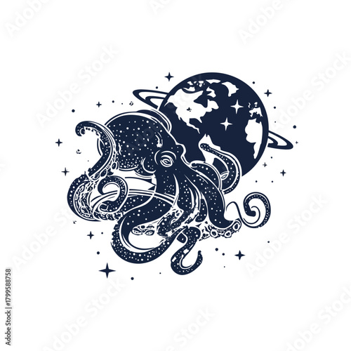 Intricate cosmic octopus illustration with planet and stars. Mysterious deep sea creature in a fantasy universe artwork.