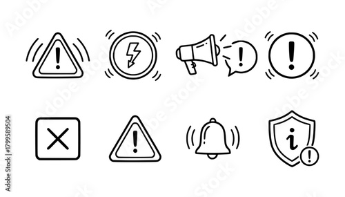 Collection of Warning Icons Exclamation Mark, Danger Signs, Alert Symbols, and Notification Icons
