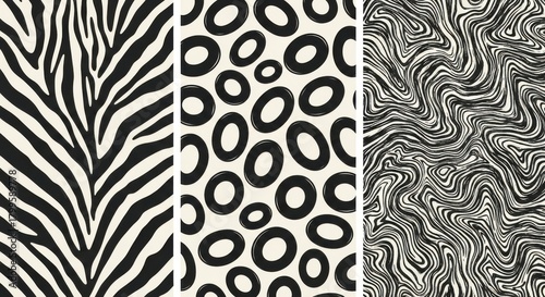 A collection of three seamless patterns featuring zebra stripes, abstract circles, and swirling marble textures isolated on white background