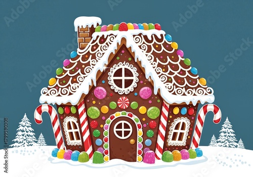 Whimsical gingerbread house with candies and icing. Snowy winter scene for holidays.