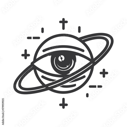Abstract Cosmic Eye Symbol with Planet Rings and Mystical Stars Line Art Illustration. Esoteric Universal Vision Concept.