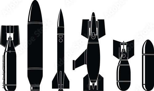 Bomb silhouette, missile icons, military vector, black ordnance shapes, aerial weapons, defense illustration, war tools, explosive design set