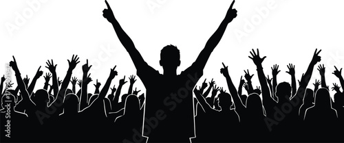 Crowd silhouette, raised hands, celebration scene, unity gesture, concert vibe, black and white vector, public gathering illustration