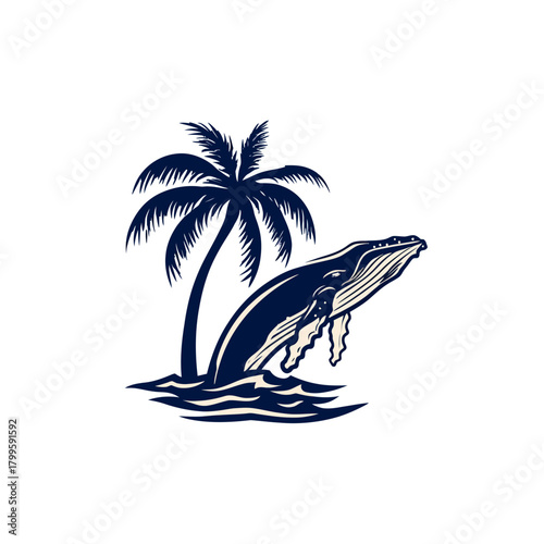 Vintage style vector illustration of a breaching whale near a tropical palm tree, ocean marine life and island beach graphic design.