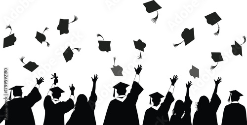  Graduation celebration, cap toss, student silhouettes, academic success, black vector, joyful moment, education milestone, festive illustration.eps