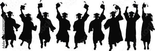 Graduation jump, graduate silhouette, cap celebration, academic success, joyful students, black vector, education moment, festive group illustration