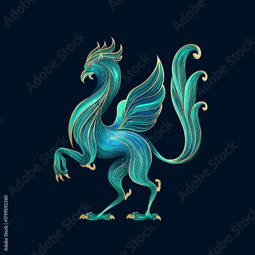 Majestic ornate teal and gold griffin illustration. Stylized fantasy mythical creature design element with elegant details.
