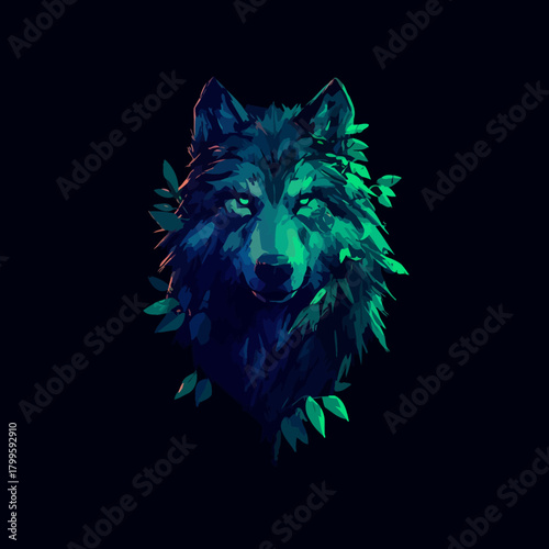 Mystical Digital Art Portrait of a Wild Wolf with Luminous Green Eyes and Verdant Forest Foliage on Dark Background