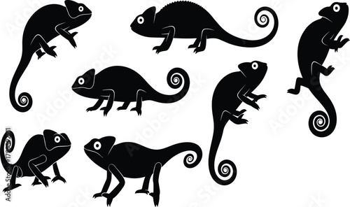 Collection of chameleon silhouettes in various poses featuring curled tails, climbing motions, reptile shapes and unique tropical lizard designs for graphic use