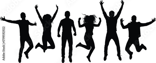 Jumping silhouettes, standing figures, black vector, dynamic motion, celebration pose, human energy, contrast design, expressive movement set