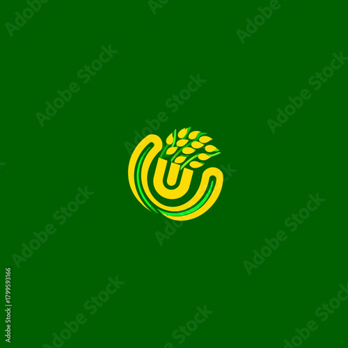 Abstract stylized wheat ear and grain logo icon on green background, representing agriculture, organic farming, and food production