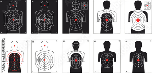 Shooting target silhouettes, human outline, scoring rings, firearm training, black and white vector, marksmanship design, tactical practice set